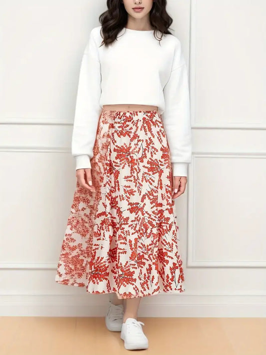 Flowy Bohemian Style, All-Season, Woven, High-Waisted A-Line Midi Skirt with Botanical Print, Polyester Blend with Elastane