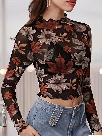Women's Casual Long-Sleeve Crop Top with Floral and Leaf Print