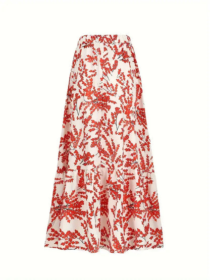 Boho High-Waist Midi Skirt – Botanical Print, Flowy & All-Season