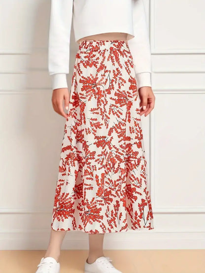Boho High-Waist Midi Skirt – Botanical Print, Flowy & All-Season
