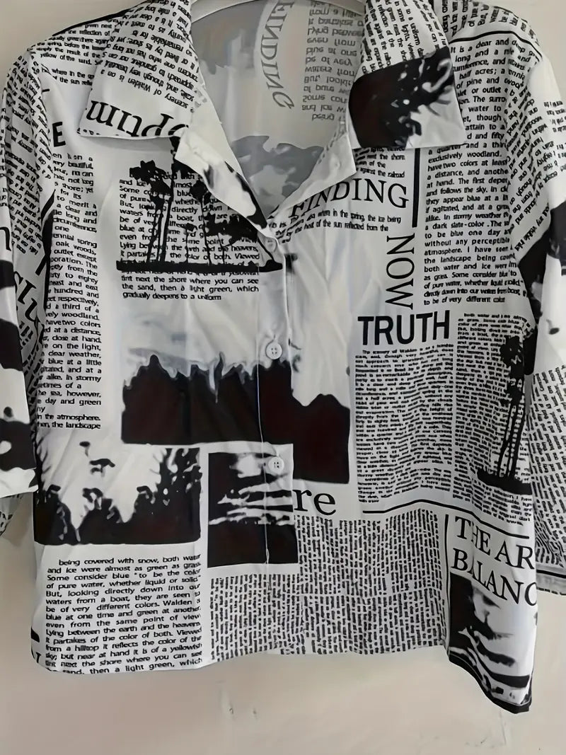 Stylish V-neck Blouse with Newspaper Print, Machine Washable, Short Sleeve, Polyester, Ideal for Spring, Summer, or Fall