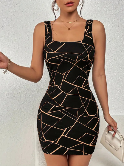 Geo Print Square Neck Mini Dress – Sleeveless & Stylish