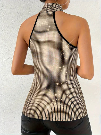 Sleeveless Top for Party & Club, Sequin Cross Halter Neck Tank Top, Women's Clothing