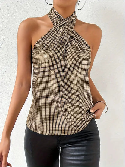 Sleeveless Top for Party & Club, Sequin Cross Halter Neck Tank Top, Women's Clothing