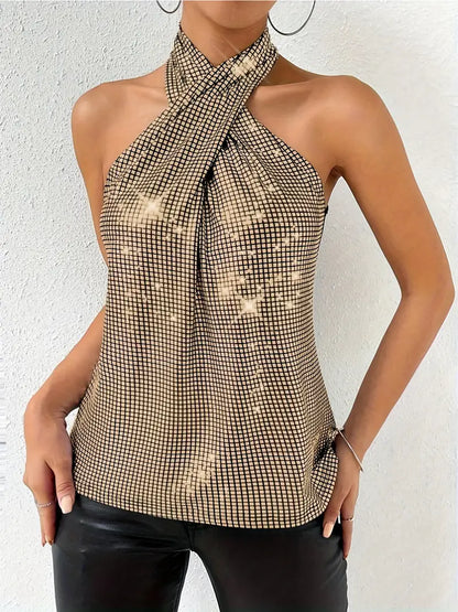 Sleeveless Top for Party & Club, Sequin Cross Halter Neck Tank Top, Women's Clothing